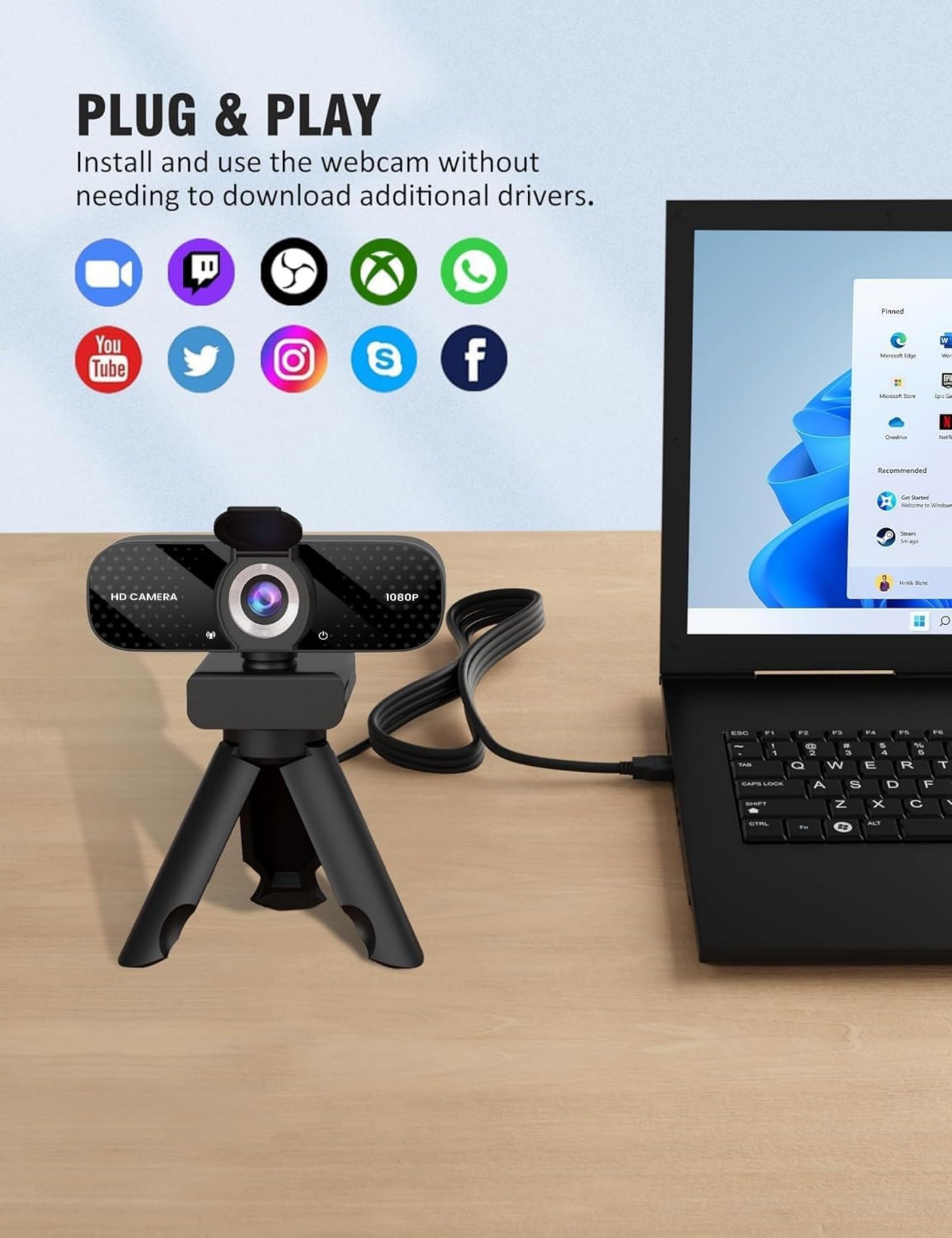 TRAUSI 1080P HD Webcam with Microphone, Noise Cancellation, Privacy Cover, Wide-Angle Lens, Auto Light Correction, Plug & Play USB Webcam for Laptop, Desktop, PC, Mac, Zoom, Skype, Streaming Black