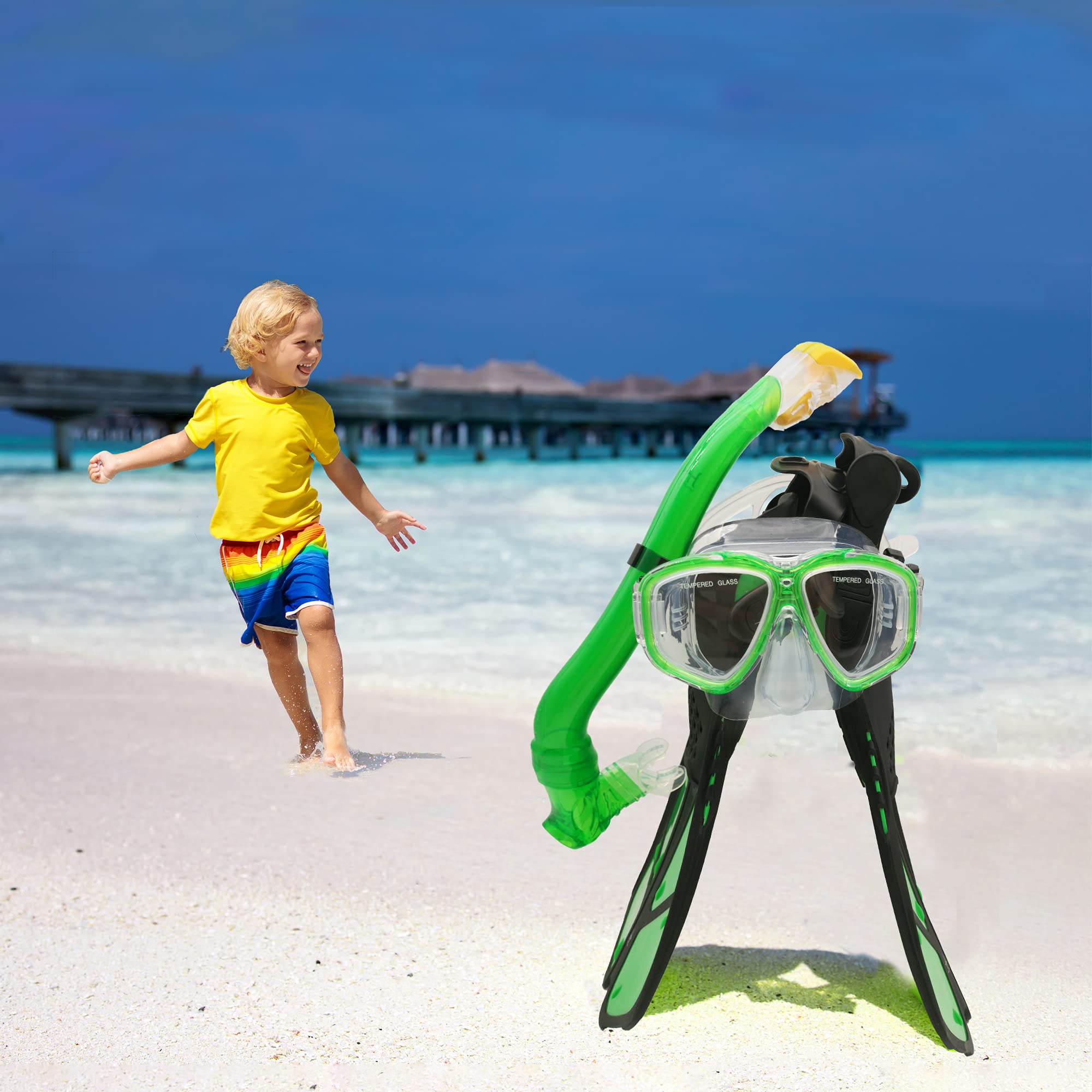 Kids Snorkeling Set with Fins Anti Leak Snorkeling Gear for Kids with Adjustable Flippers, Youth Junior Full Dry Snorkel Set Swimming Goggles with