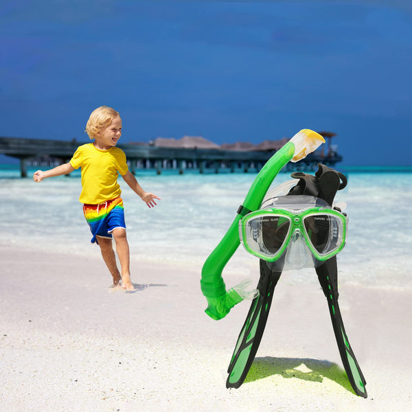 Kids Snorkeling Set with Fins Anti Leak Snorkeling Gear for Kids with Adjustable Flippers, Youth Junior Full Dry Snorkel Set Swimming Goggles with