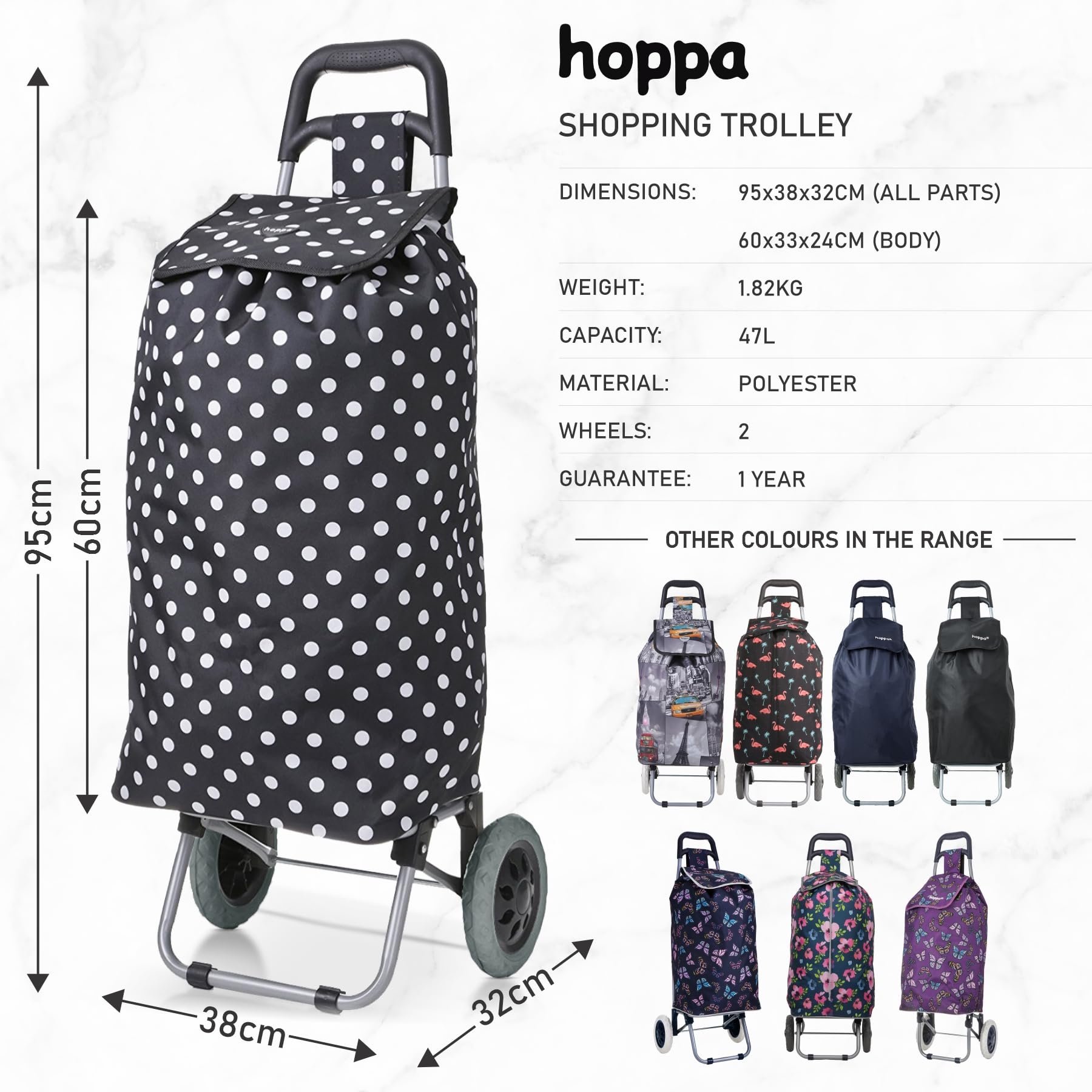 Hoppa 57Ltr Lightweight Shopping Trolley 2025 model, Hard Wearing & Foldaway Push/Pull Cart for Easy Storage With 1 Year Guarantee