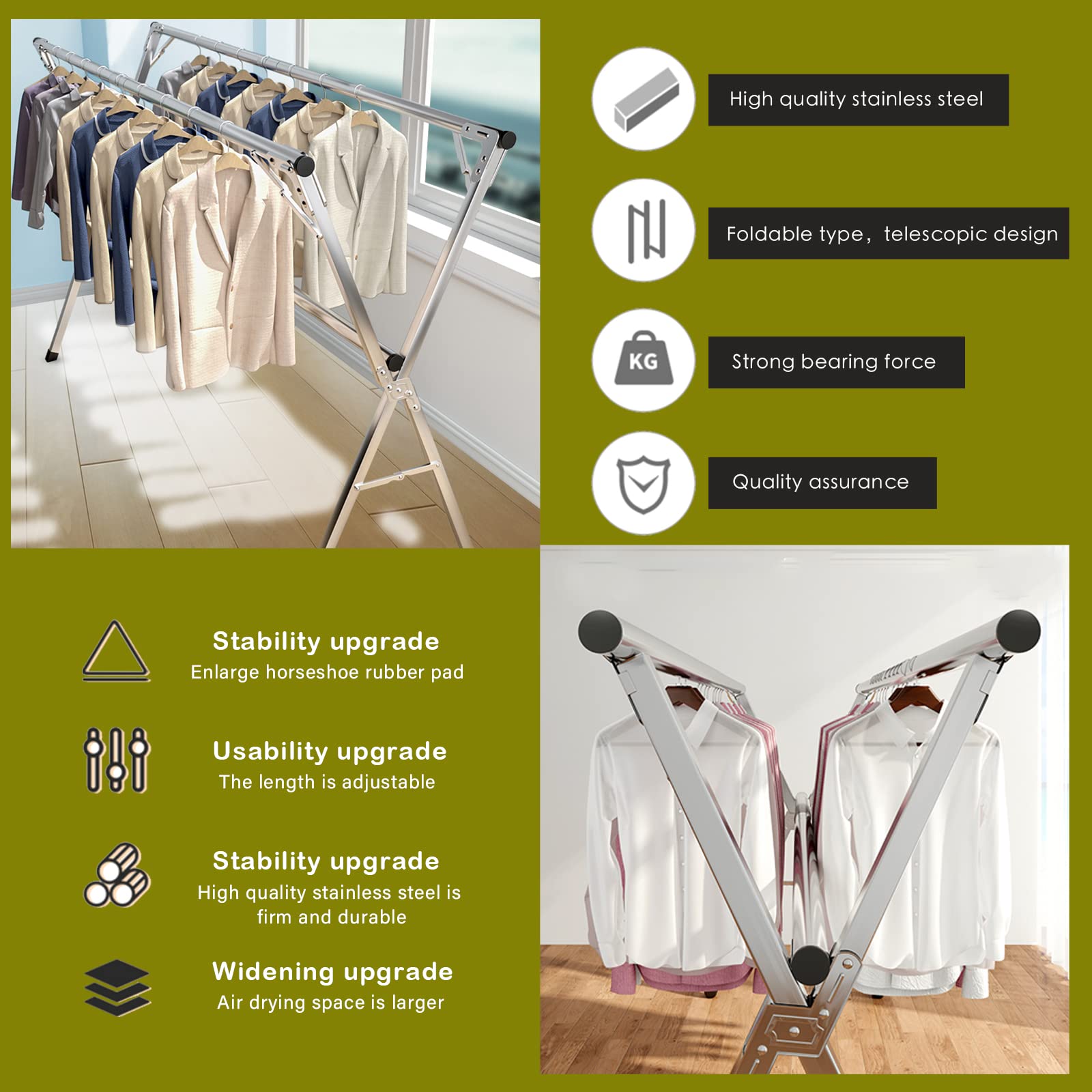 AIODE Clothes Drying Rack for Laundry Foldable, 94.5 inch Stainless Steel Pool Towel Rack Outdoor Free Standing Clothing Hanger Indoor