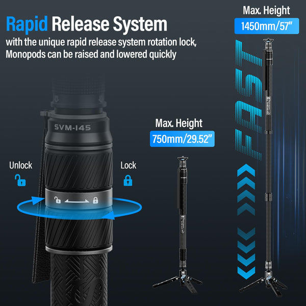 SIRUI SVM-145 Camera Monopod with Feet for Photography, 145cm Carbon Fibre Camera Monopod with Removable Tripod Stand Base, for DSLR, Camcorder, Max Load 10kg