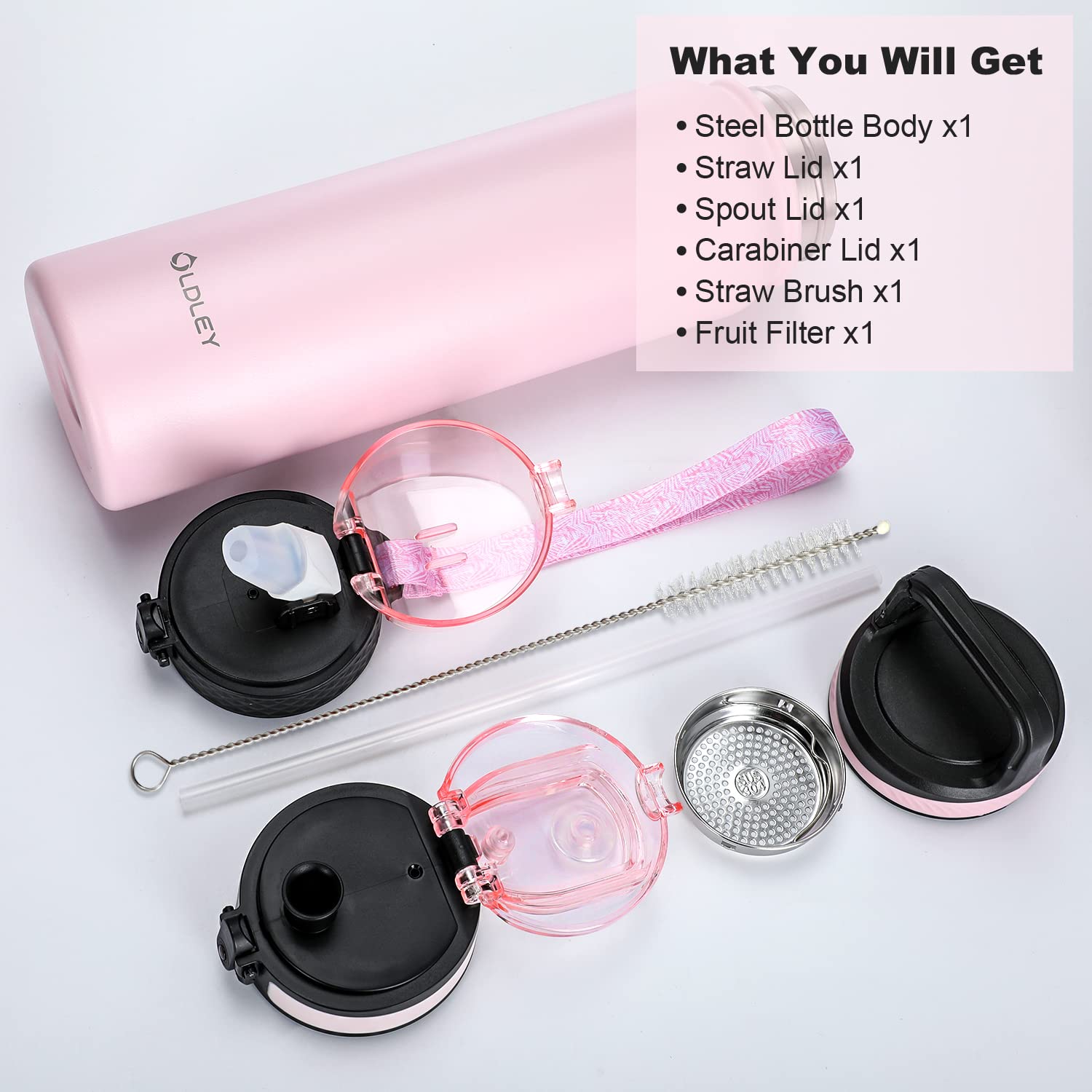 OLDLEY Stainless Steel Water Bottle with Straw 1L Vaccum Insulated Large Drink Flask Metal Water Bottles 1 Litre Leakproof Keep Drinks Hot Cold for Sports Gym with Different Lids(Purple Green, 3 Lids)