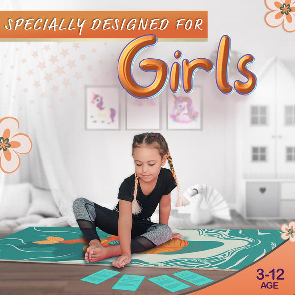 Kids Yoga Mat Set for Boys & Girls - Doll, Unicorn and Mermaid - Chemical Free - Non-Toxic - Non-Slip - 60 X 24 X 0.2 Inches - w/ 12 Yoga Cards - Cute