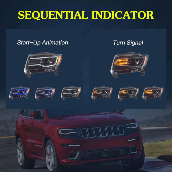 VLAND Headlights Compatible with Jeep Grand Cherokee 2014-2022, Front Light with Sequential Turn Signal and Blue Dynamic Startup DRL