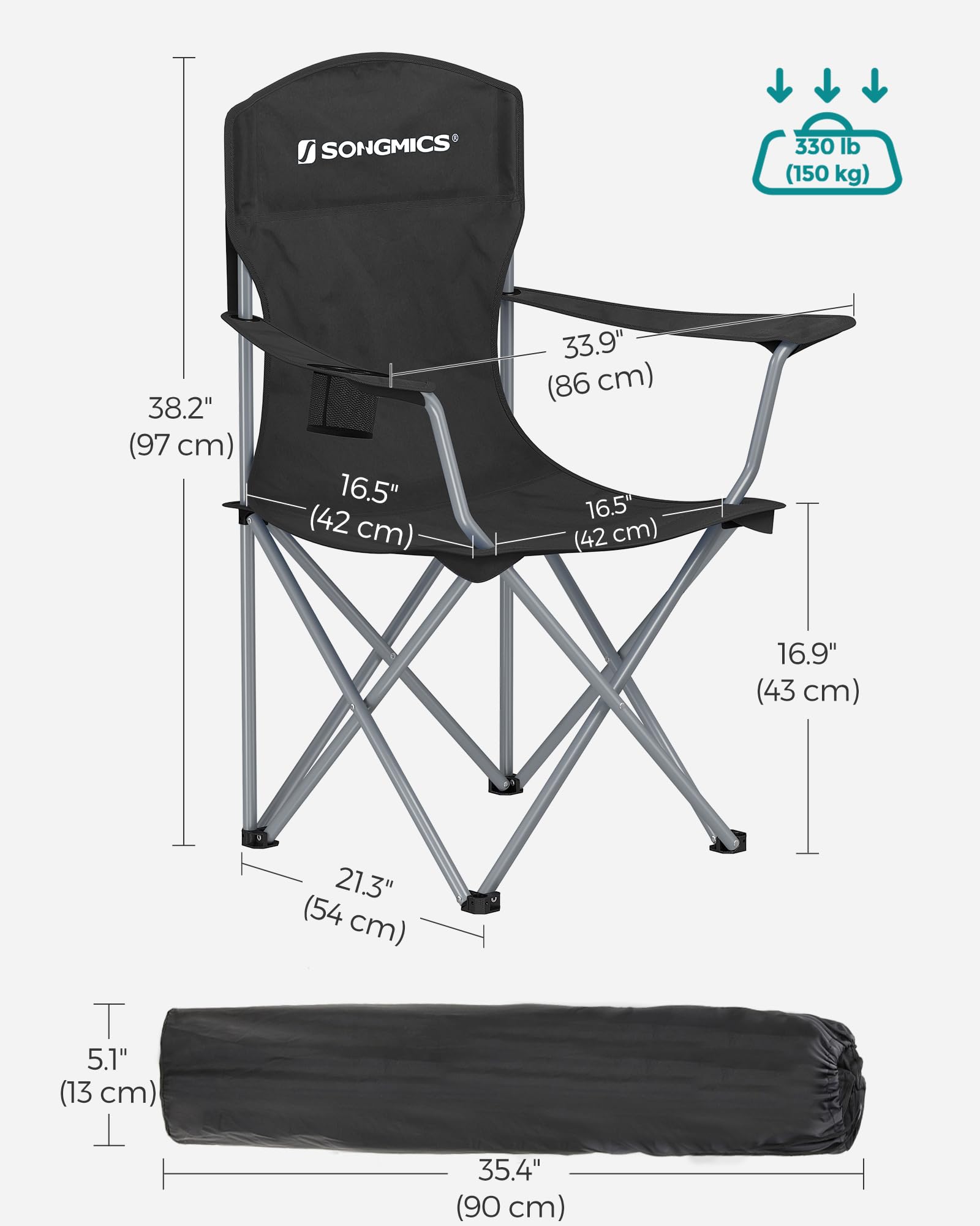 SONGMICS Set of 2 Folding Chairs, Camping Chairs, Comfortable Heavy Duty Structure, Max. Load 150 kg, with Drink Holder, Outdoor Chair