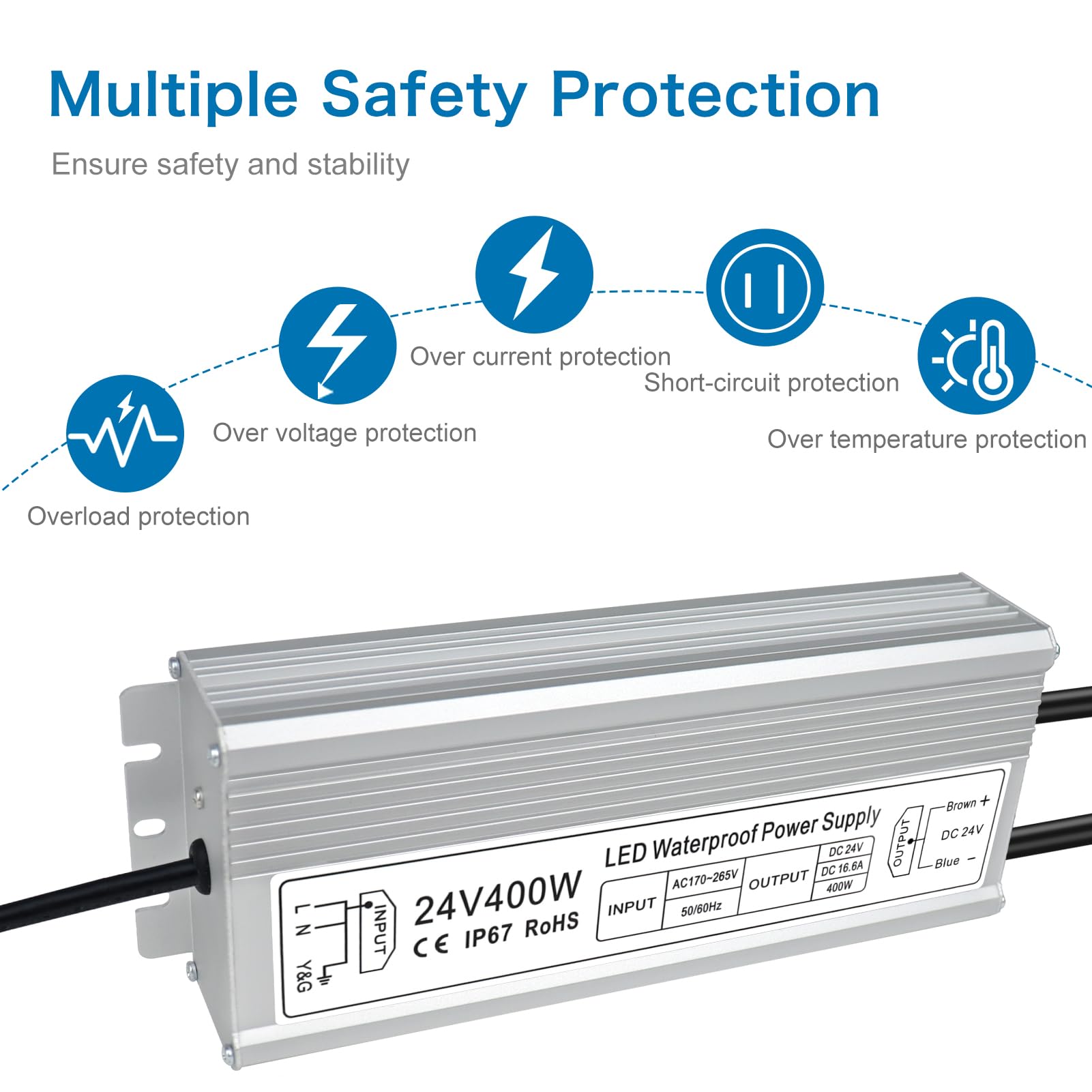 inShareplus LED Power Supply, 24V 400W IP67 Waterproof Outdoor Driver, AC 170-265V to DC 24V 16.6A Low Voltage Transformer, Adapter with 3-Prong Plug