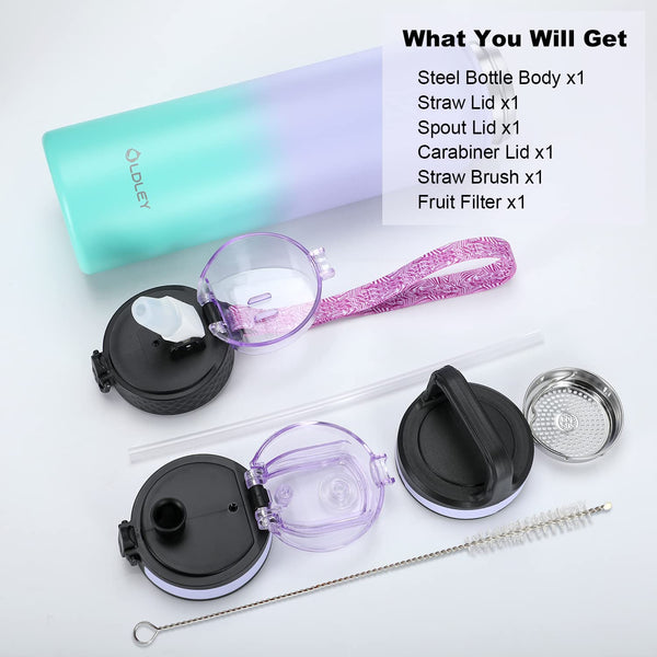 OLDLEY Stainless Steel Water Bottle with Straw 1L Vaccum Insulated Large Drink Flask Metal Water Bottles 1 Litre Leakproof Keep Drinks Hot Cold for Sports Gym with Different Lids(Purple Green, 3 Lids)