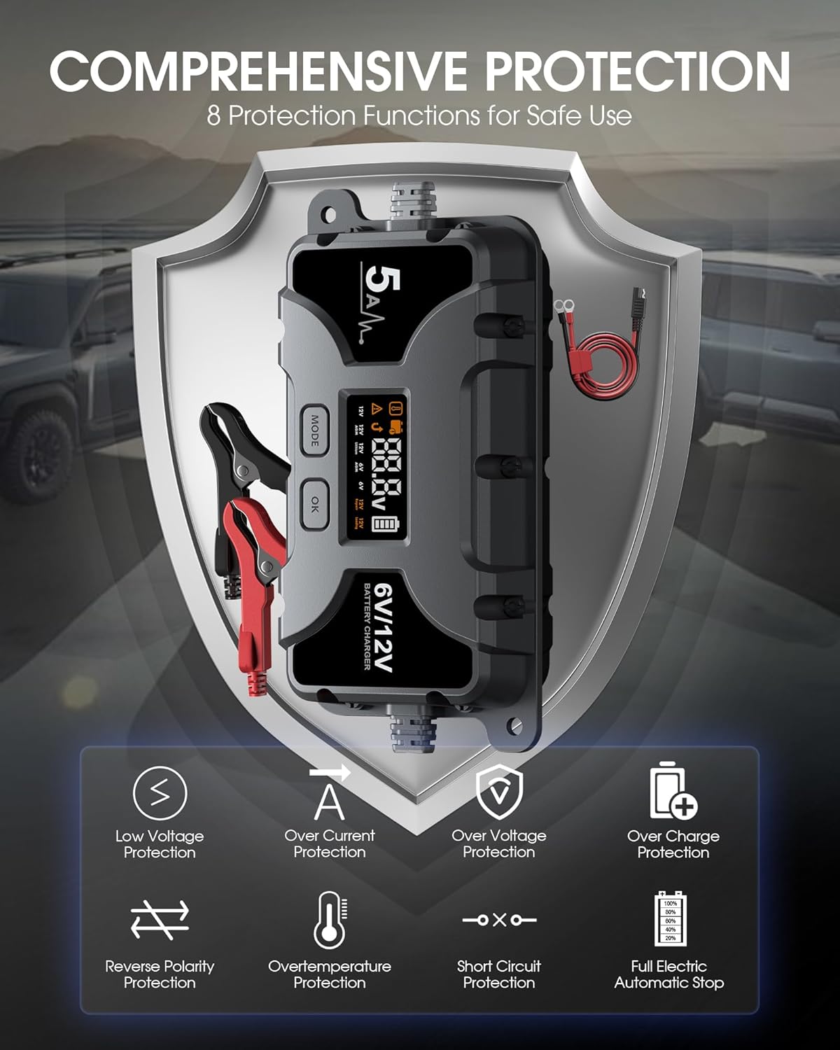 Powerextra 5A Car Battery Charger & Maintainer, 6V/12V Portable Smart Trickle Charger with LED Display & Repair Mode for Lead-Acid AGM Lithium Caravan Batteries