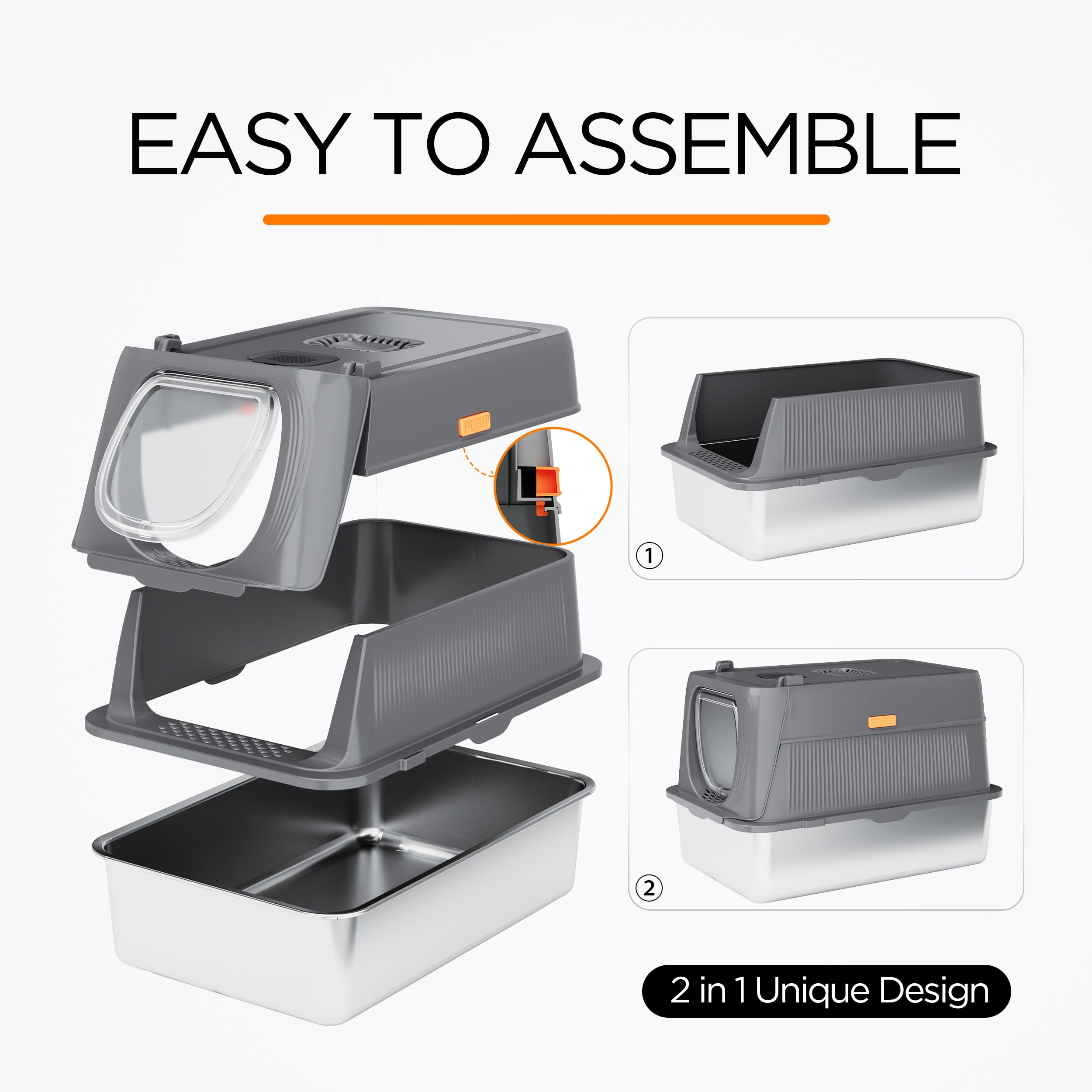 Citylife XL Stainless Steel Cat Litter Box with Lid, Extra Large Enclosed Removable Metal Litter Tray with Litter Scoop&Double Layer Litter Mat, Non-Sticky, Non-Odor, Easy Cleaning, for Big Cats