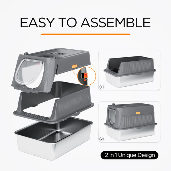 Citylife XL Stainless Steel Cat Litter Box with Lid, Extra Large Enclosed Removable Metal Litter Tray with Litter Scoop&Double Layer Litter Mat, Non-Sticky, Non-Odor, Easy Cleaning, for Big Cats