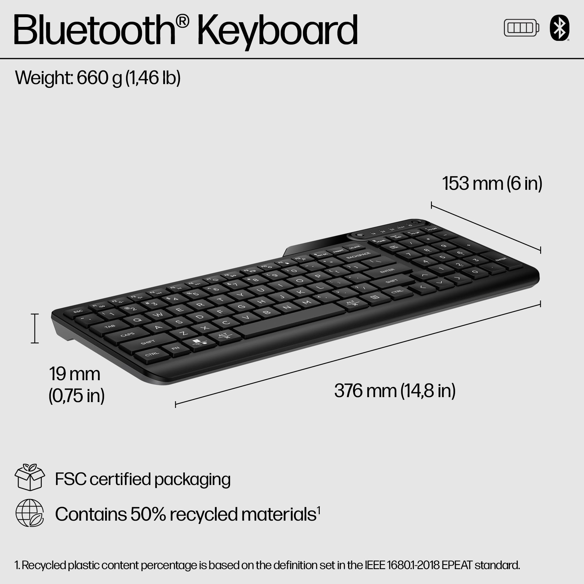 HP 460 Multi-Device Bluetooth Keyboard | Compatible with Chrome, PC or Mac | Bluetooth | Connect up to 3 Devices | Quick Switch Button | 12 Programmable Shortcut Keys | Up to 24 Months Battery | Black