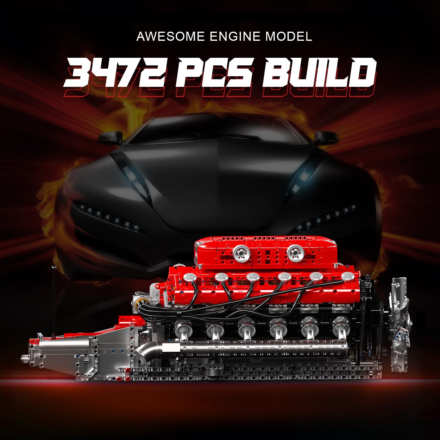 Mould King V12 Engine Building Block Sets, V12 Engine Model Kit That Runs, MOC Engineering Model Building Kit with Battery and Motor, Engineering Building Blocks for Adults (3472 PCS)