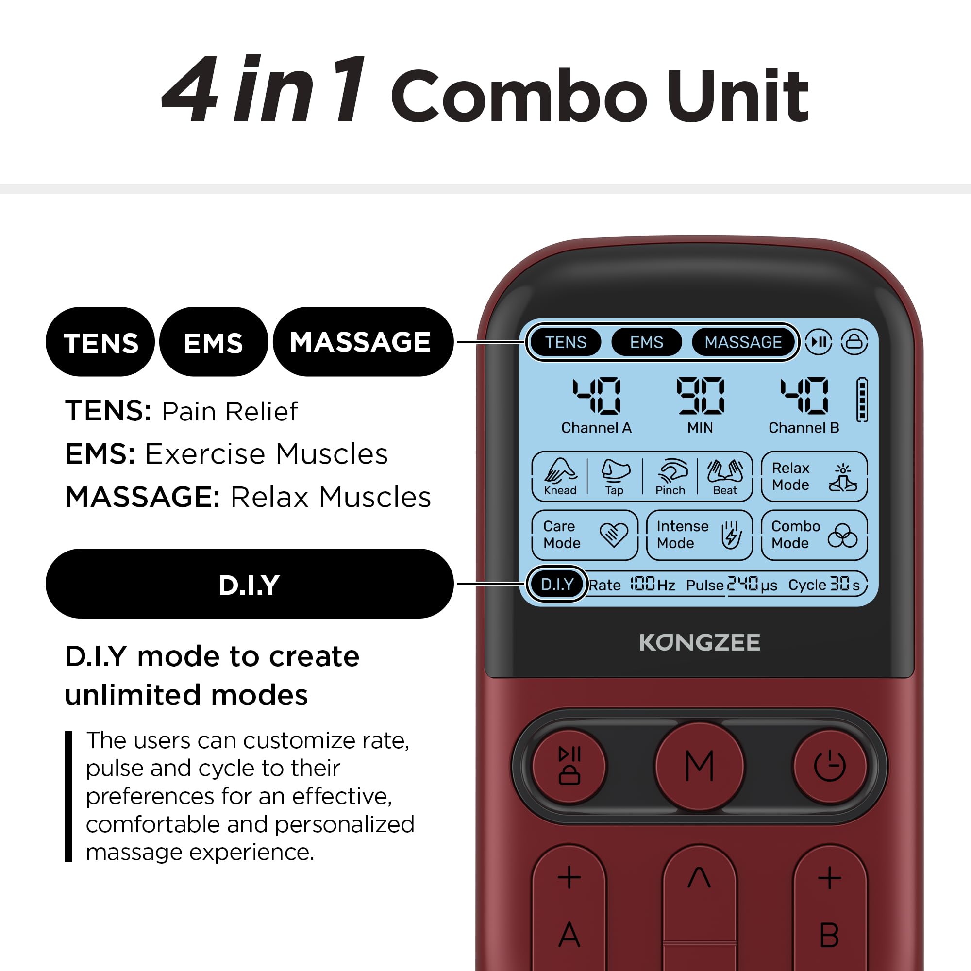 4 in 1 - D.I.Y & Tens Unit & EMS & Massage Muscle Stimulator, Dual Channel Therapy Machine for Pain Relief, FDA Cleared Rechargeable Electronic Pulse Massager,with 12pcs Electrode Pads