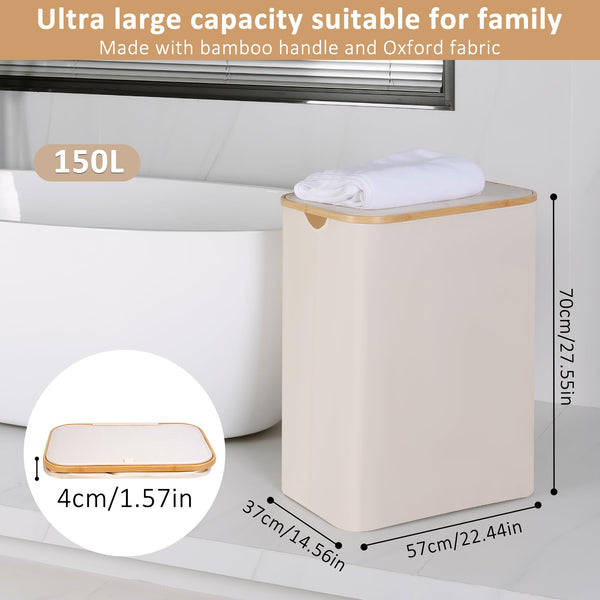 iEGrow Washing Basket for Laundry 150L XLExtra Large 2 Compartments Laundry Basket with Bamboo Handle and Lid, Dirty Clothes Storage Folable Laundry