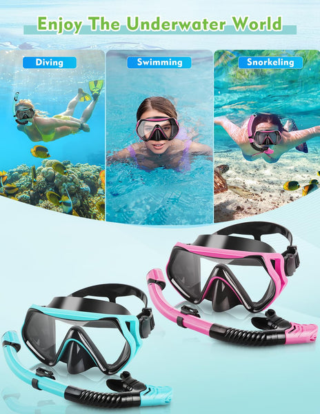 Hydomi Snorkel Set Adults 180° Panoramic Anti-Fog Snorkel Mask with Dry Top Valve, Leak-Proof Tempered Glass Diving Set for Swimming Snorkeling, Travel-Friendly Kit with Adjustable Straps