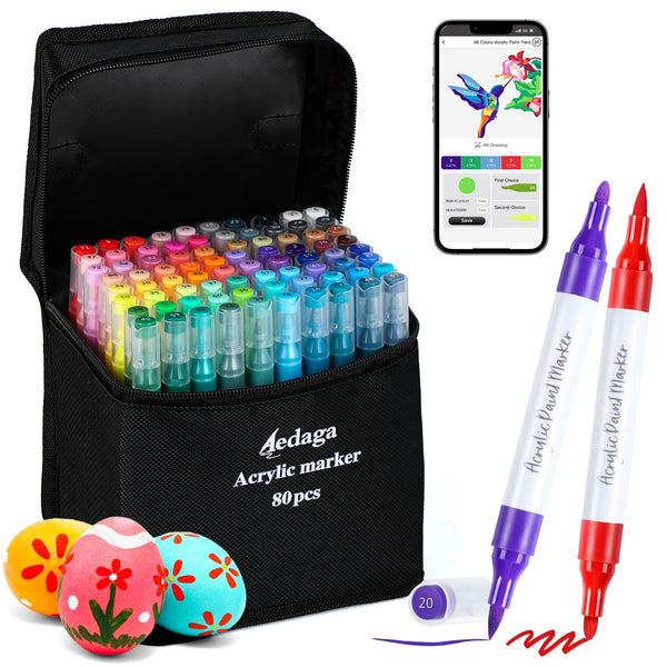 80 Colours Numbered Acrylic Paint Pens with Free App, Dual Tip Acrylic Paint Markers with Brush Tip and Fine Tip for Adults, Kids, Eggs, Wood, Rock,