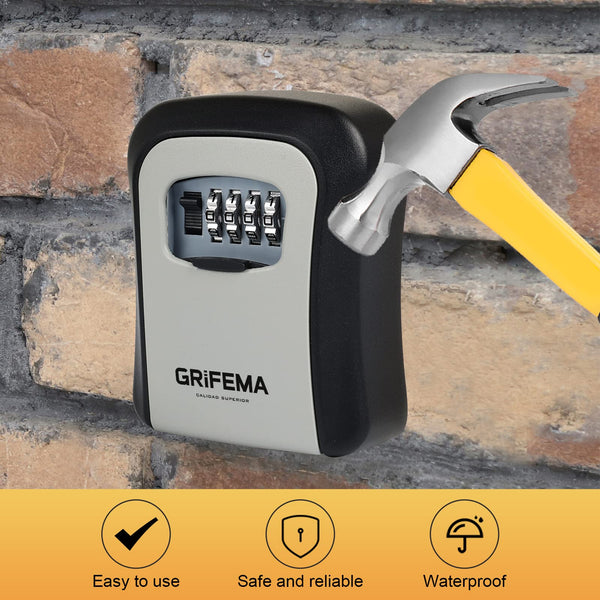GRIFEMA Key Safe Wall Mounted Police Approved, Lock Box Outdoor 4 Digit Combination, Heavy Duty Waterproof Key Cabinet for Home Garage School Airbnb GA1003-1, Gray, External dimensions: 115x95x40mm