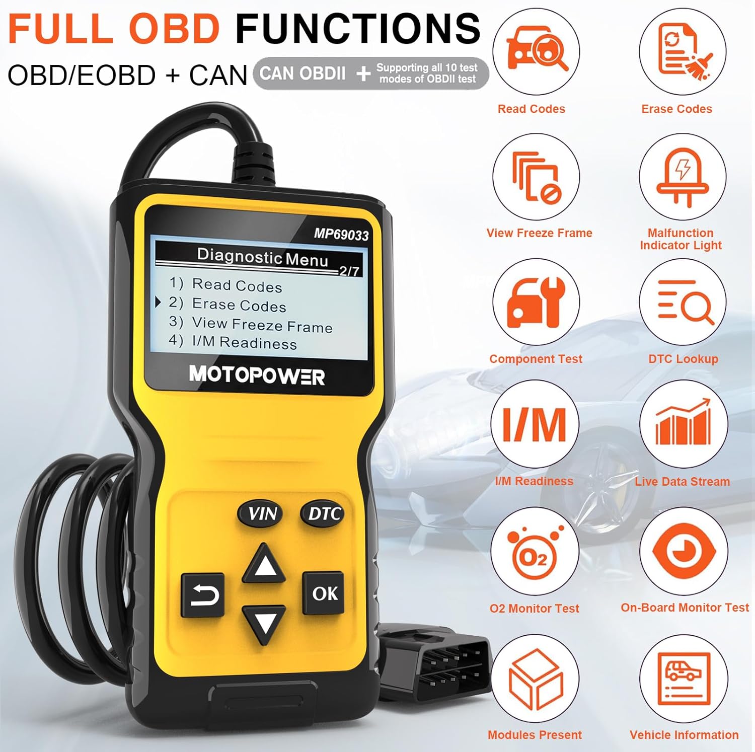 MOTOPOWER MP69033 OBD2 Scanner Universal Car Engine Fault Code Reader, CAN Diagnostic Scan Tool for All OBD II Protocol Cars