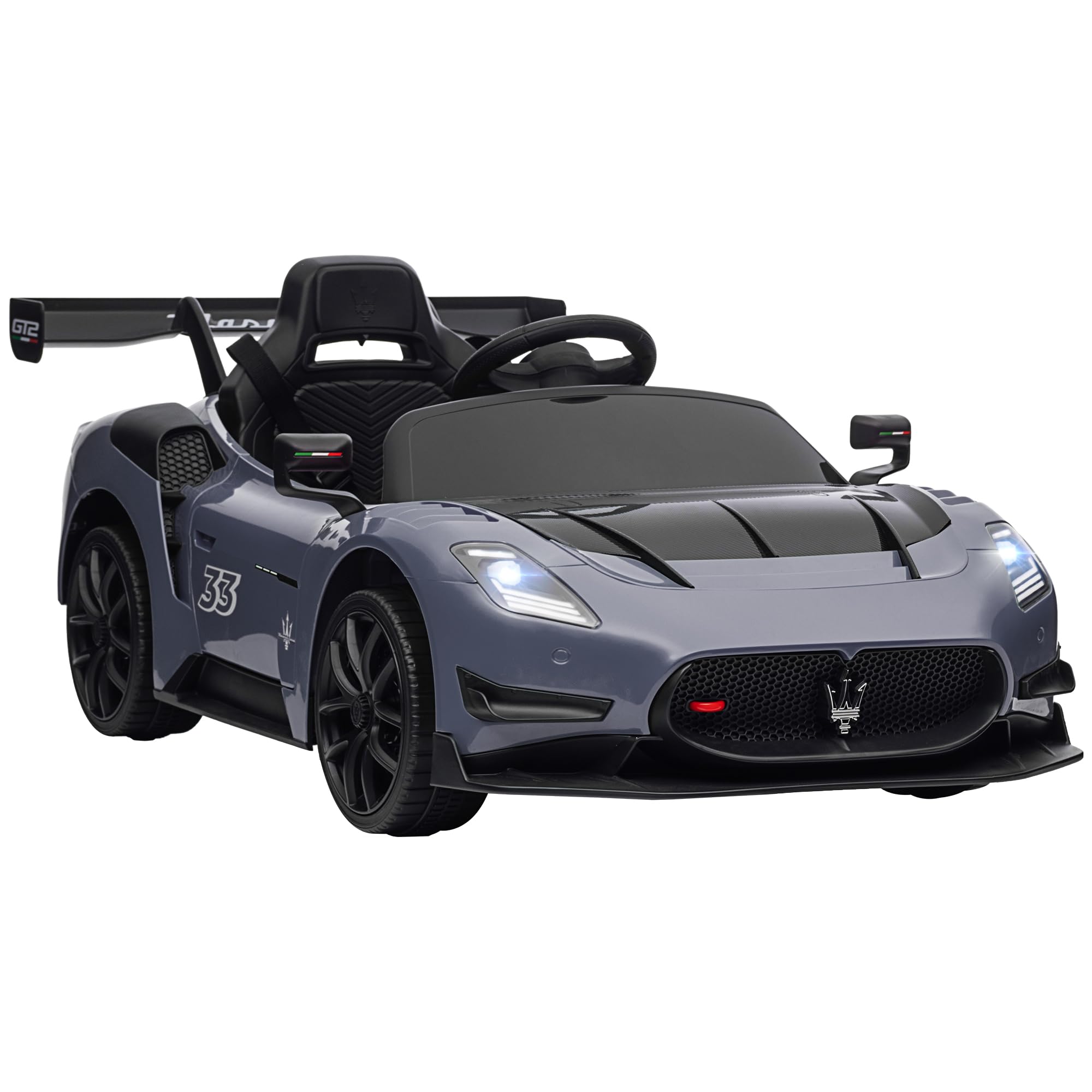 AIYAPLAY Maserati GT2 Licensed 12V Electric Car for Kids, Kids' Electric Ride on with Suspension System, Remote Control, USB, Music, Horn, Lights, Auxiliary Wheels, for Ages 3-5 Years, Grey