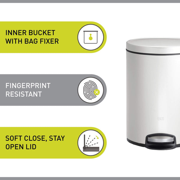 EKO Eva Pedal Bathroom Bin 5 Litres, Rubbish Bin with Soft Close Lid, Removable Inner Bucket, Perfect for Bathroom, Bedroom & Home, White