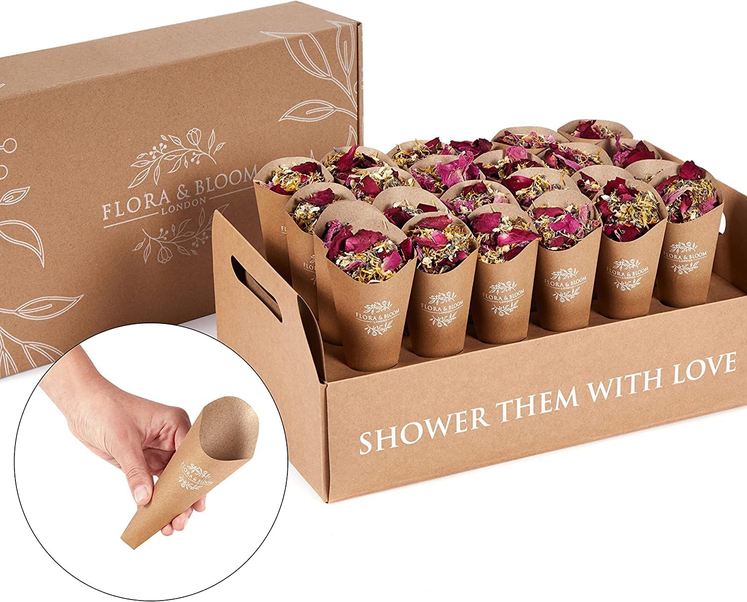 Flora & Bloom Biodegradable Confetti Kit 24 Guests (3 Litres, 160 Grams) PreBuilt Confetti Cones | Dried Confetti Petals | Wedding Confetti | Pop Open
