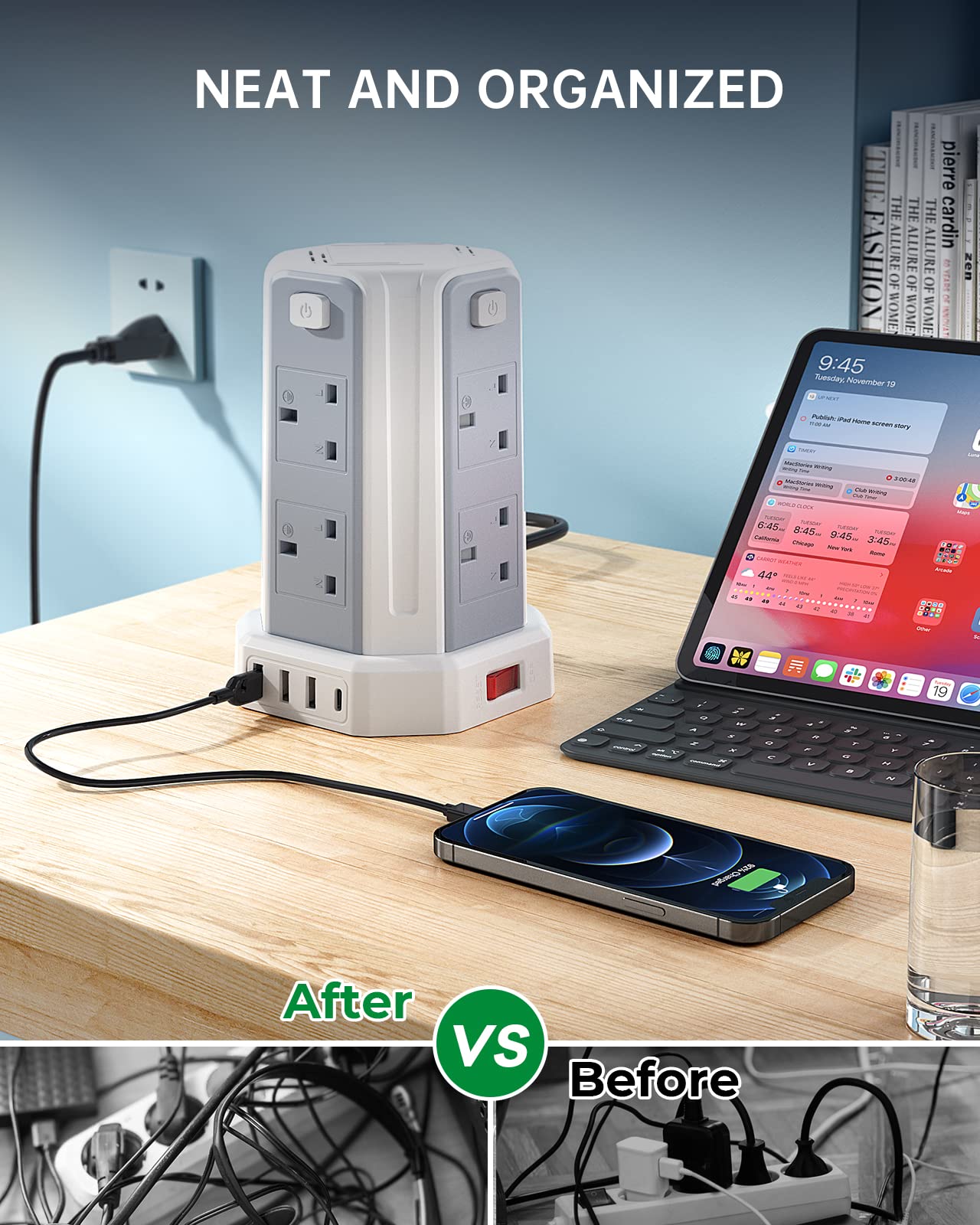 Tower Extension Lead, (3250W 13A) Extension Tower 8 AC Outlets & 4 USB Ports, Surge Protection Extension Lead with 4 Independent Switch, 17W USB C Ports Extension Cable 3M for Office, Home, Kitchen