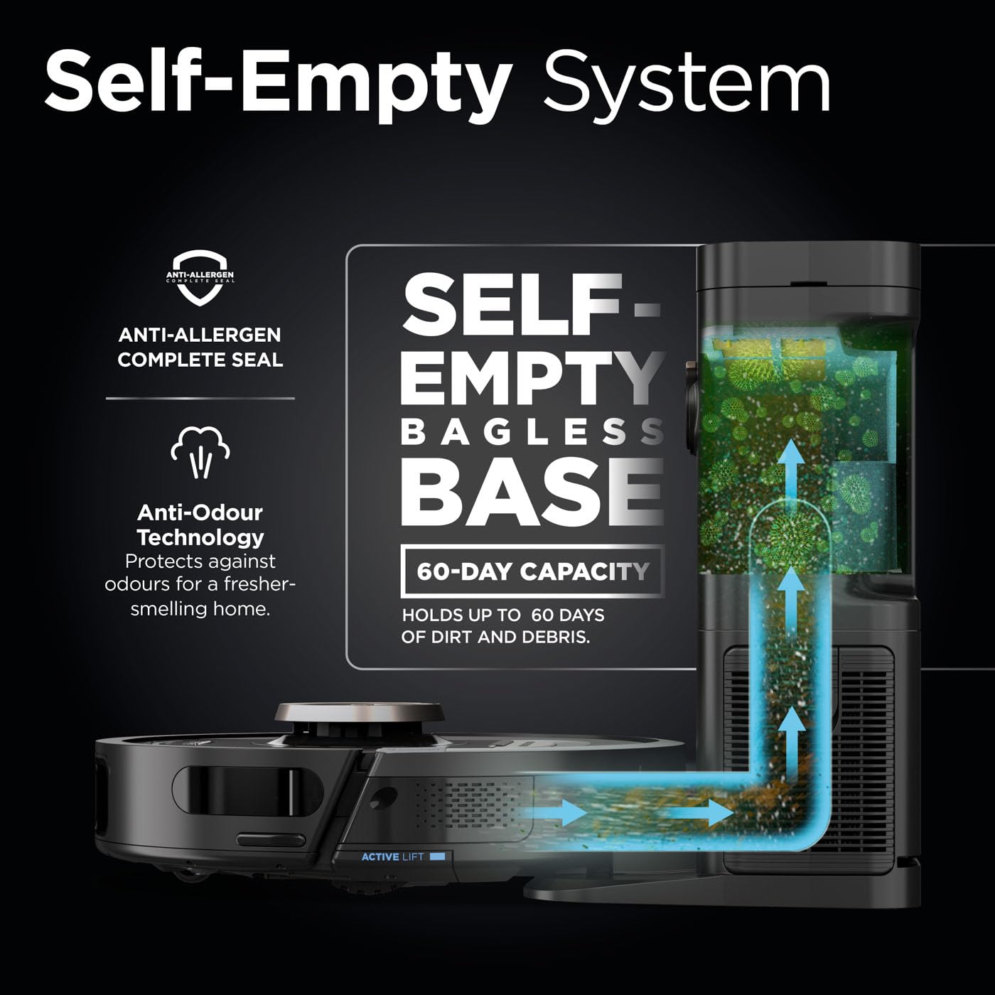 Shark PowerDetect Robot Vacuum with 60-Day Self-emptying Base - Anti-odour - For Carpets, Hard Floors and Pet Hair - 3D LiDAR Navigation - Wi-Fi / App - Odour Cartridge and 2 Brushes Incl. - Black