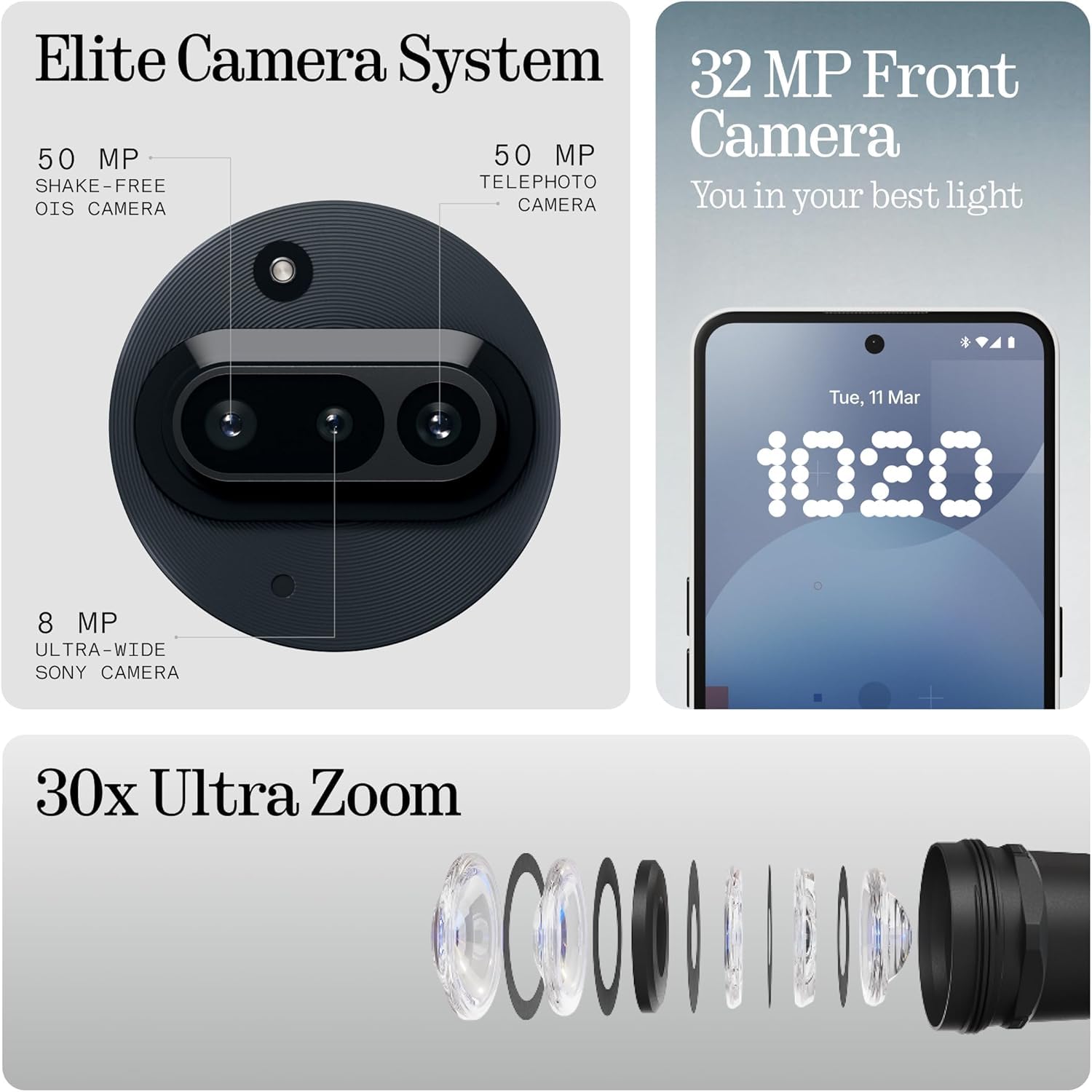 Nothing Phone (3a) 128 GB - mobile phone with 32 MP front camera, 30x ultra zoom - White + Nothing Ear (a) White