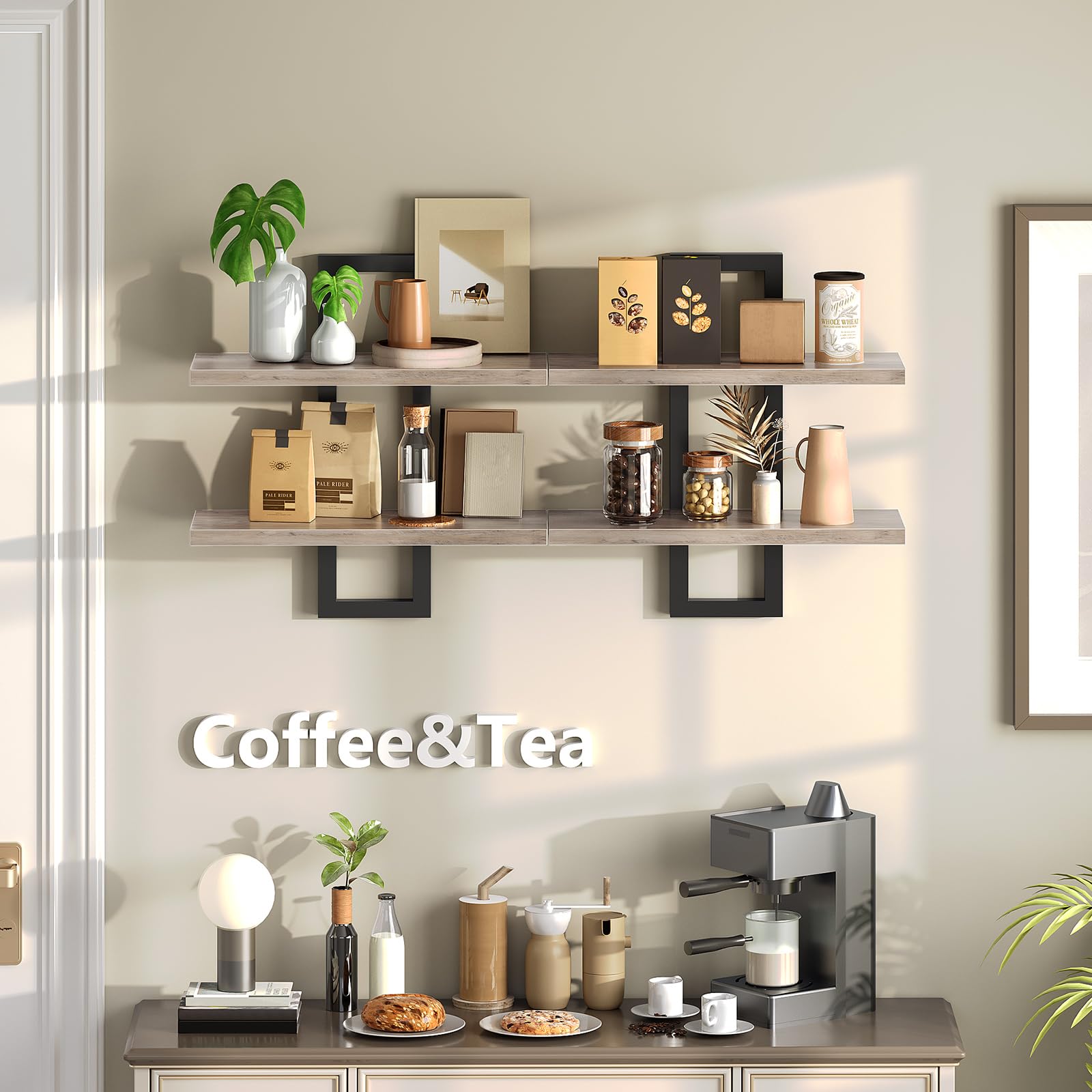 HOOBRO Floating Shelves, Wall Shelves Set of 2, Wall Mounted Storage Shelves 2-Tier, Wall Display Racks, Hanging Bathroom Shelves, for Kitchen, Living