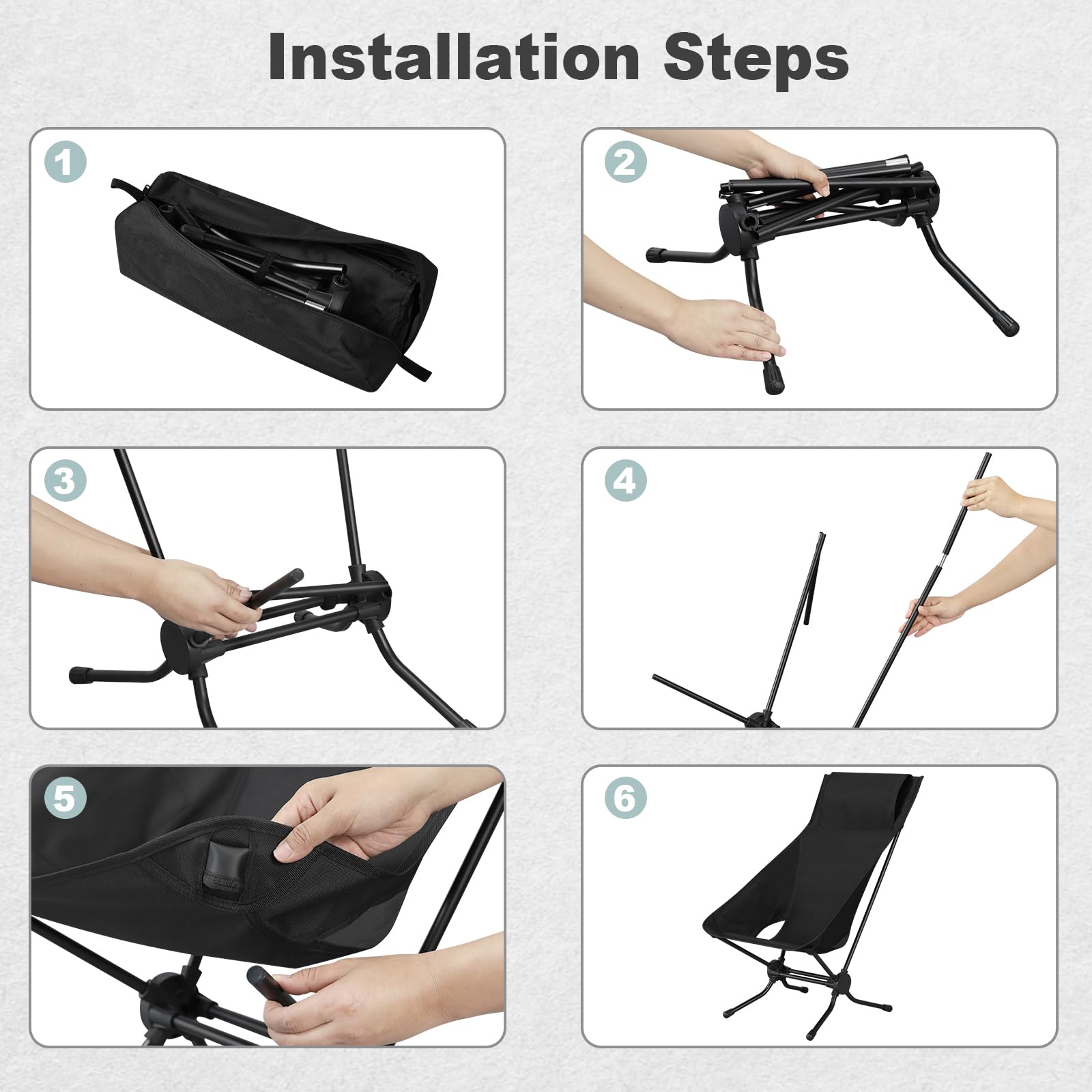 WOLTU Folding Camping Chair, Ultra Lightweight Alu Outdoor Chair, High Back, Portable Chair with Carrying Bag for Fishing, Picnic, Hiking, Heavy Duty 150kg Capacity, Black