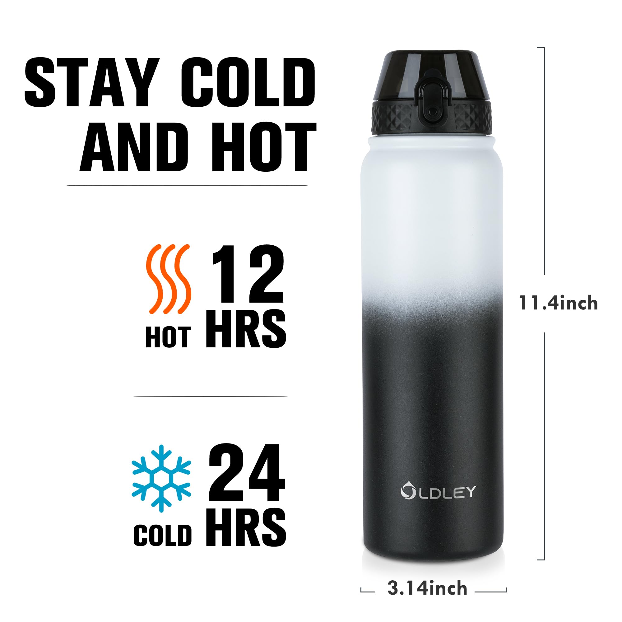 OLDLEY Stainless Steel Water Bottle with Straw 1L Vaccum Insulated Large Drink Flask Metal Water Bottles 1 Litre Leakproof Keep Drinks Hot Cold for Sports Gym with Different Lids(Purple Green, 3 Lids)