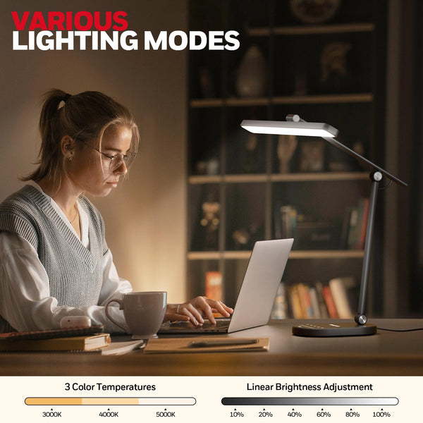 Honeywell LED Desk Lamp for Home Office - H4 Sunturalux™ Eye-Caring Desk Light, 14W Dimmable Table Lamp with 3 Color Modes, 5 Brightness Levels, Auto-Dimming, Timer, Touch Control Reading Lamp, White