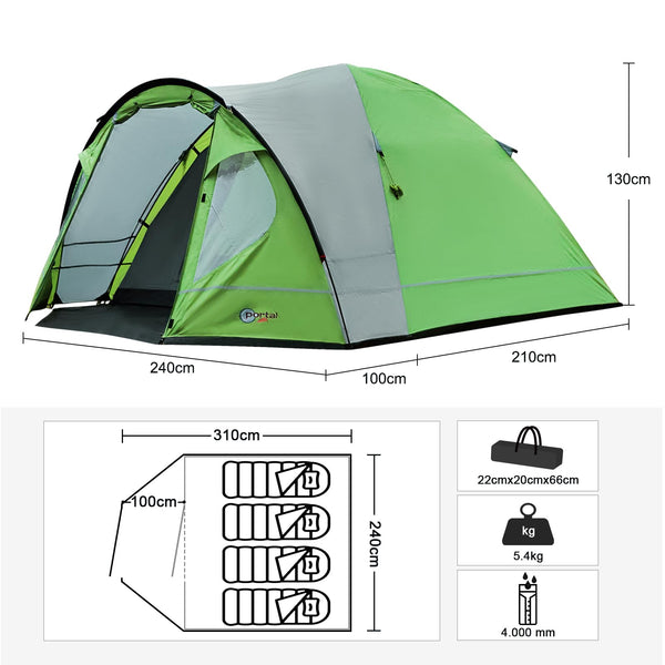 Portal 3-4 Man Tent with Porch, Camping Tent for 3 to 4 Persons with Sewn-in Groundsheet, 4000mm Waterproof Family Tent with Bedroom, Lightweight Dome Tent for Outdoor Garden Backpacking Hiking