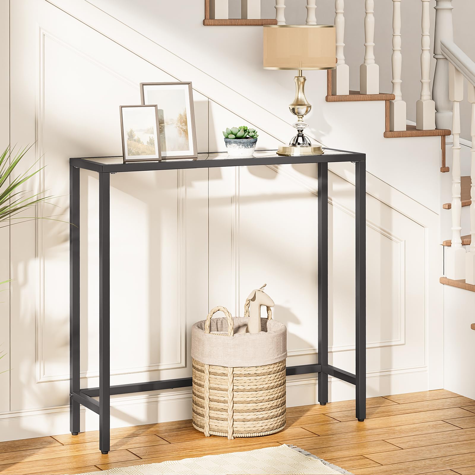 HOOBRO Slim Hallway Console Table, Tempered Glass Sofa Table, 75 x 22 x 80 cm, Modern Display Table for Living Room, Metal Frame, Sturdy, Black
