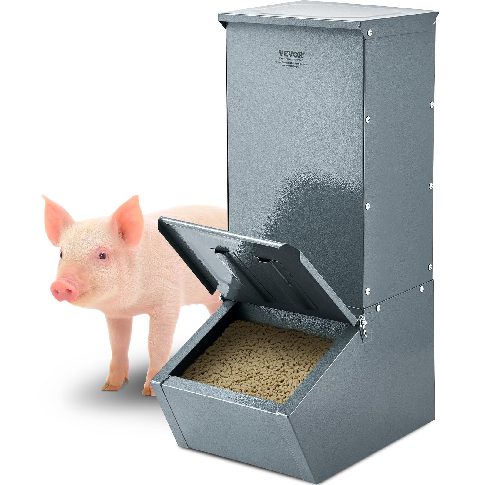 VEVOR Hog Feeder, 3.7 Bushel Capacity, Double Door Pig Feeder, Heavy Duty Steel Piglets Feeder, Multipurpose Trough Creep Feeder, Outdoor Livestock Feeder Farm Accessory for Feeding up to 8 Hogs