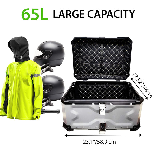 VOKKA Motorcycle Top Box, 65L Aluminium Alloy Waterproof Dustproof and Anti-Theft, Luggage Box for Storage Helmet, Motorbike Top Case with Backrest and Baseplate (Silver)
