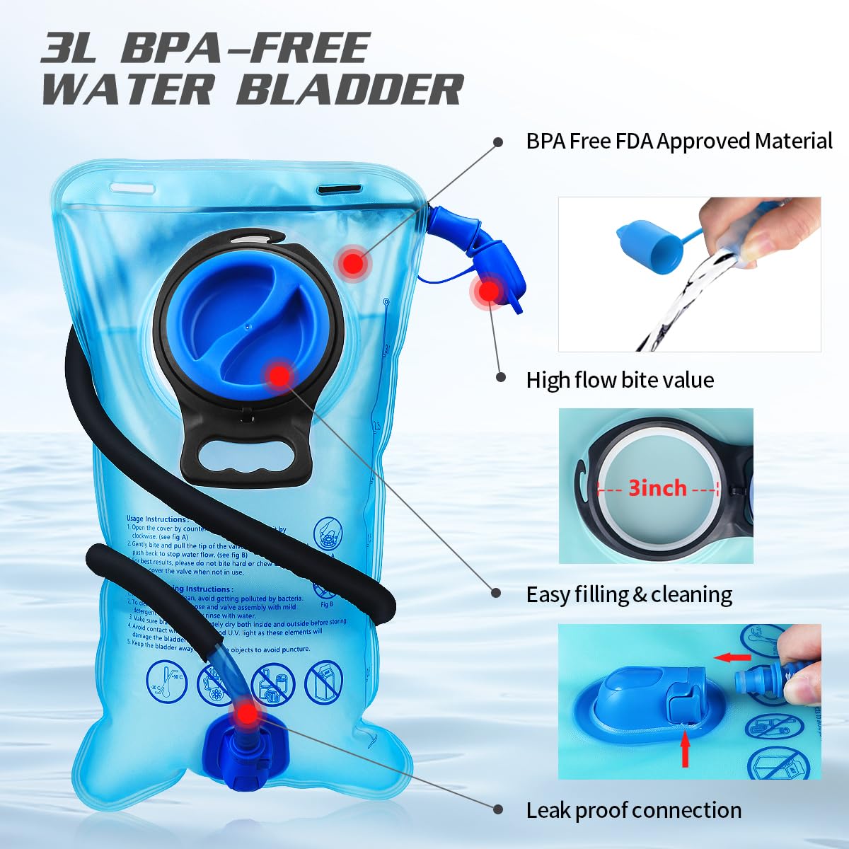 Expansea Hydration Backpack, Lightweight Insulation Hydration Pack with 3L Water Bladder, Waterproof and Breathable Large Capacity Outdoor Sport