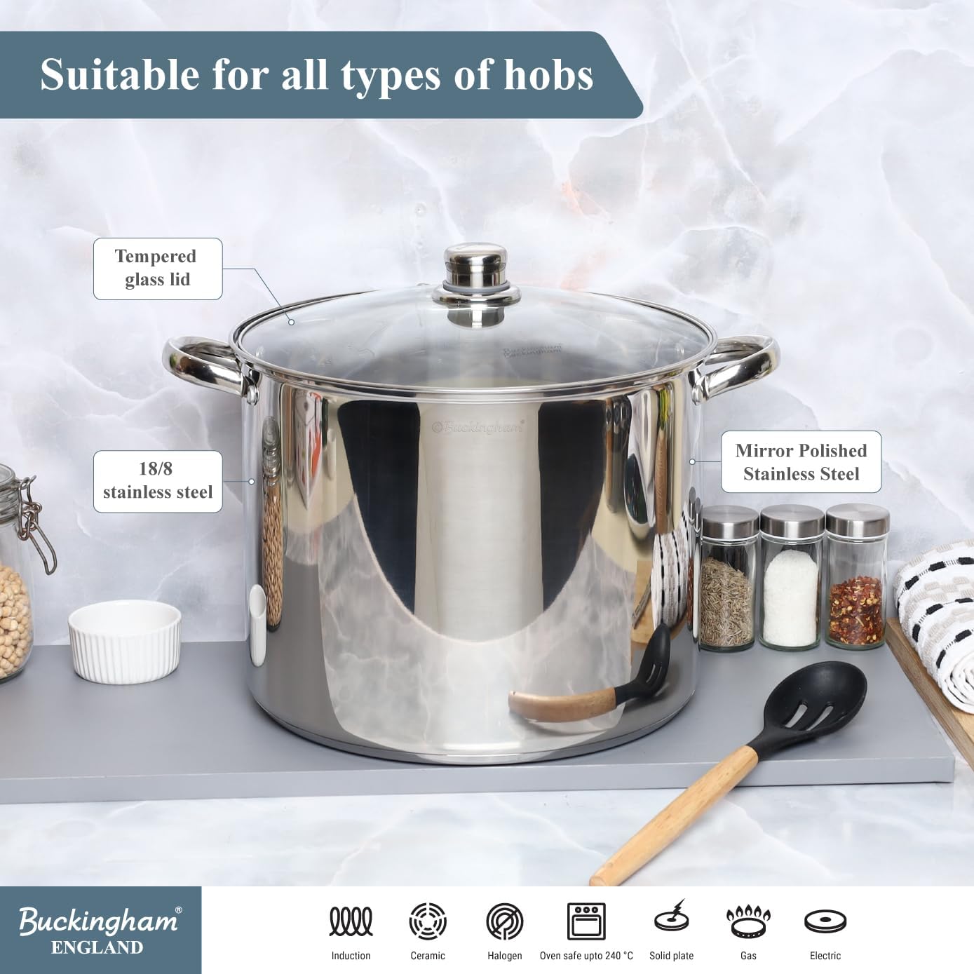 Buckingham Stainless Steel Stock Pot with lid Multipurpose Large Cooking Pot for Soups Stews (11 Litre)