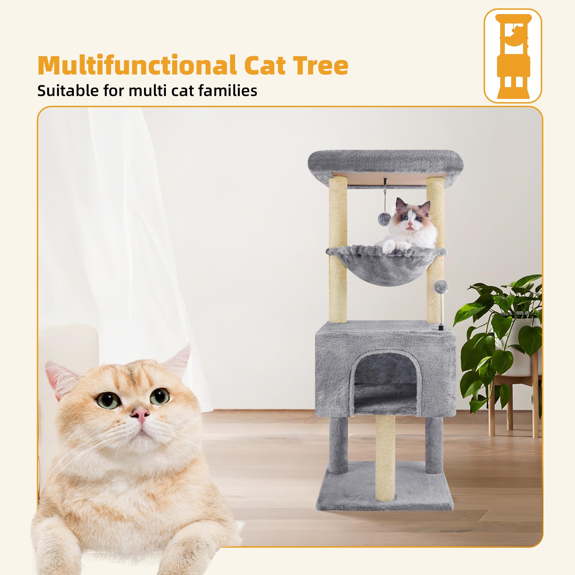 ROYPET 110cm Cat Tree Tower with Sisal Scratching Posts for Indoor Cats,Cat Tower with Hammock and Hanging Ball Toy,Pet Furniture Activity Centre with
