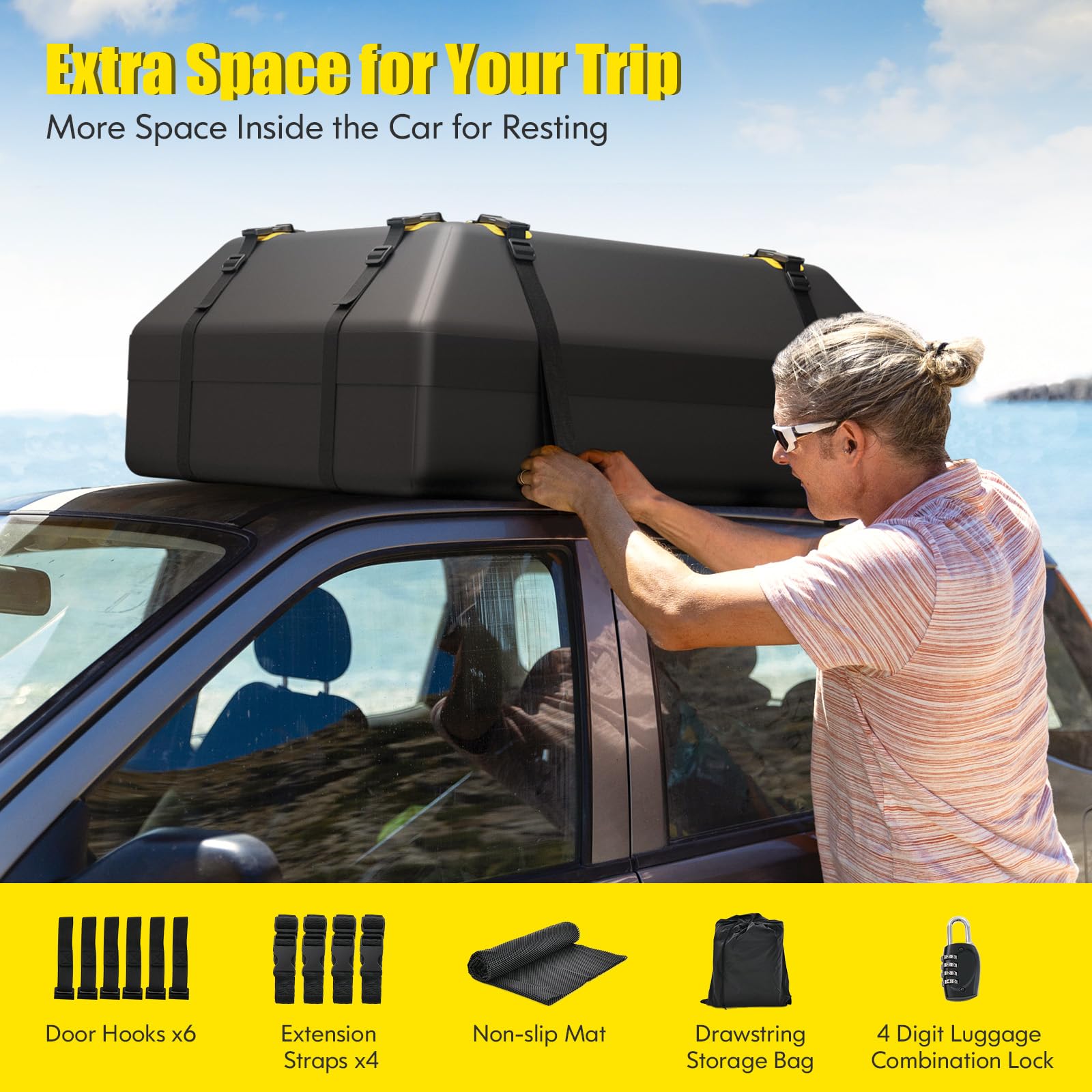COSTWAY 15/21 Cubic Feet Car Roof Bag, 100% Waterproof Roofing Cargo Carrier with Anti-Slip Mat, Combination Lock & Straps, Rooftop Luggage Storage Box (Black, 21 Cubic Ft/600L)