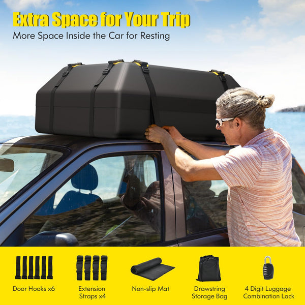 COSTWAY 15/21 Cubic Feet Car Roof Bag, 100% Waterproof Roofing Cargo Carrier with Anti-Slip Mat, Combination Lock & Straps, Rooftop Luggage Storage Box (Black, 21 Cubic Ft/600L)