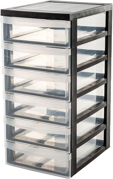 Iris Ohyama, Plastic Drawers Storage Unit, Plastic Storage Drawers, A4 Format & 4 Wheels, H61.5cm/6 Drawers, BPA Free, Black, W40 x D29 x H61.5cm,