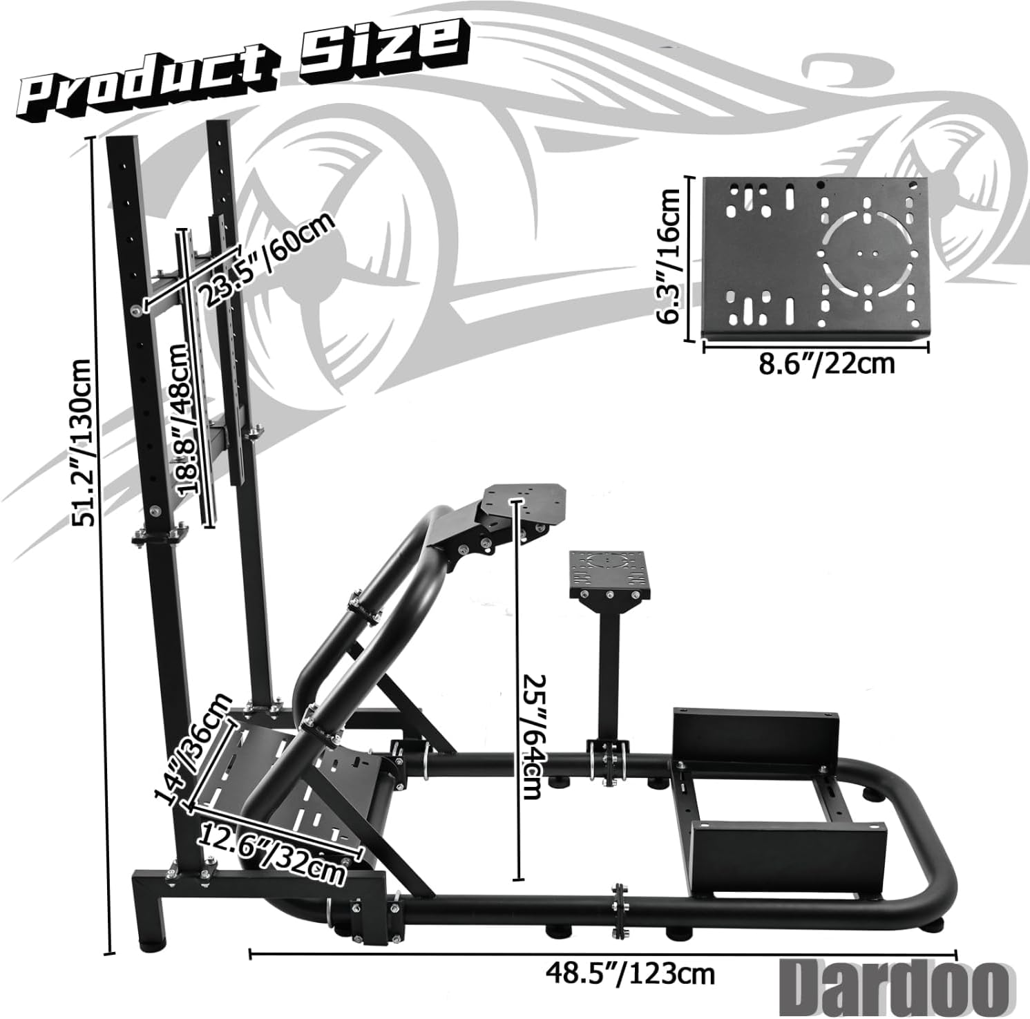 Dardoo Racing Simulator Cockpit Frame (50mm round tube) with Monitor Stand Fit for Logitech Thrustmaster Fanatec G29 G920 Racing wheel, Professional Cockpit Without Wheel Pedal and Handbrake