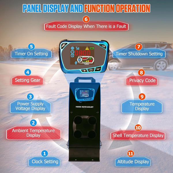 12V 5KW Diesel Air Heater Portable and Convenient Integrated Parking Heater Heating All-in-one 4 Hole with Remote Control and LCD Monitor for Car Trucks Bus RV and Trailer with Adapter