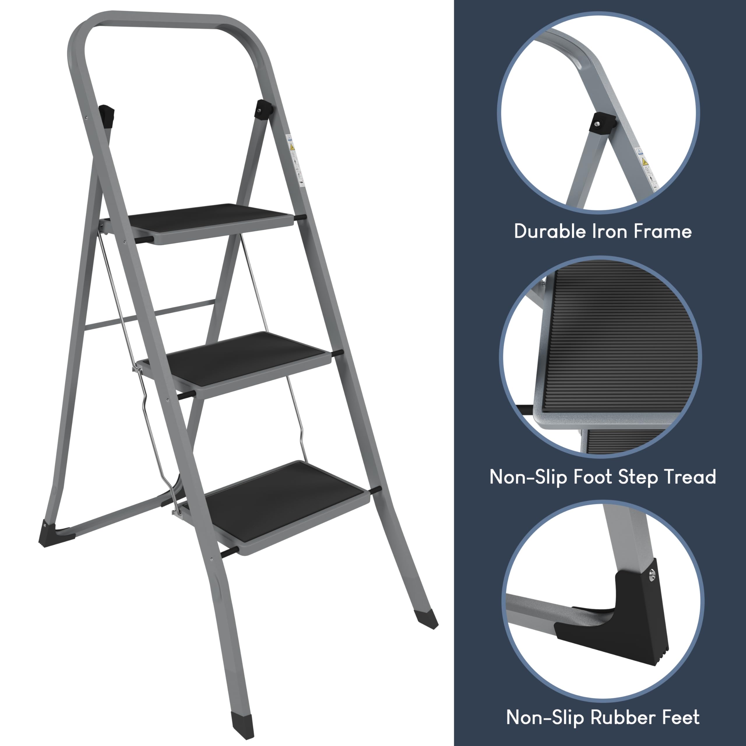 Home Vida 3 Step Ladder - Heavy Duty Steel Folding Ladder with Slip-Resistant and Wide Steps, Folding Mechanism, 150kg Max Load, Home/Kitchen/DIY/Garden Use, White