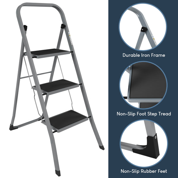 Home Vida 3 Step Ladder - Heavy Duty Steel Folding Ladder with Slip-Resistant and Wide Steps, Folding Mechanism, 150kg Max Load, Home/Kitchen/DIY/Garden Use, White