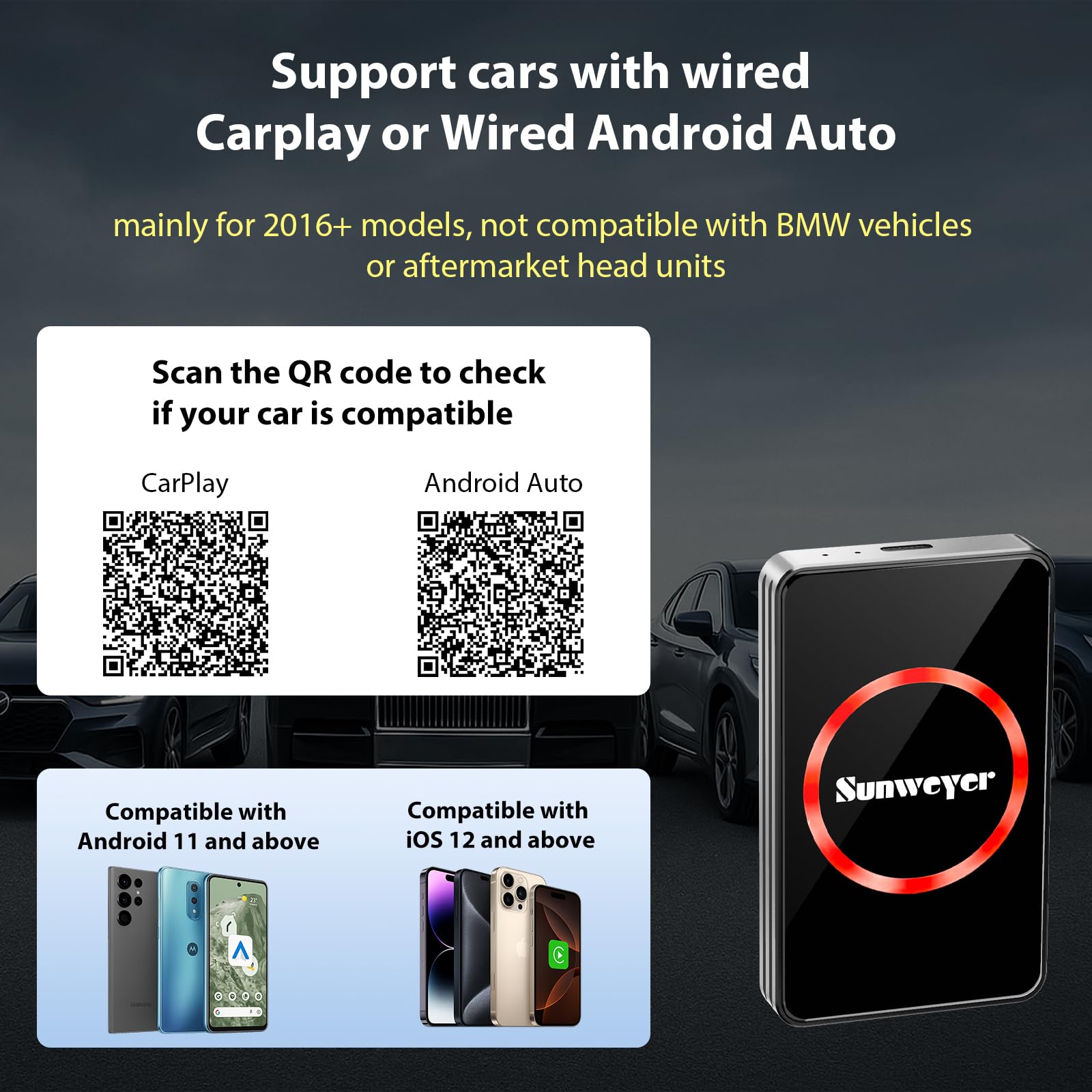 Sunweyer Wireless CarPlay Adapter Car Streaming Device Ai Box Support Netflix, YouTube, Hulu, Disney+, Android Auto Wireless Adapter with LED Ambient Light, Easy to Setup 3 in 1, Dual WiFi Bluetooth