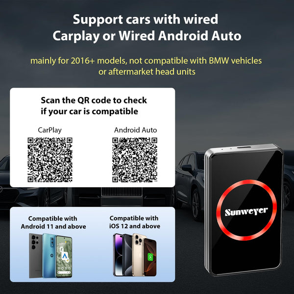 Sunweyer Wireless CarPlay Adapter Car Streaming Device Ai Box Support Netflix, YouTube, Hulu, Disney+, Android Auto Wireless Adapter with LED Ambient Light, Easy to Setup 3 in 1, Dual WiFi Bluetooth