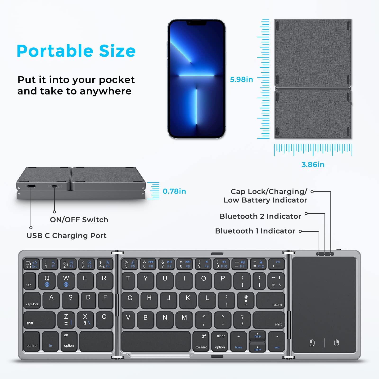 Seenda Folding Bluetooth Keyboard with Touchpad, Foldable Portable Travel Mini Wireless Keyboard, Rechargeable UK layout for iOS Android Windows PC Tablet phone ipad, Black and Grey
